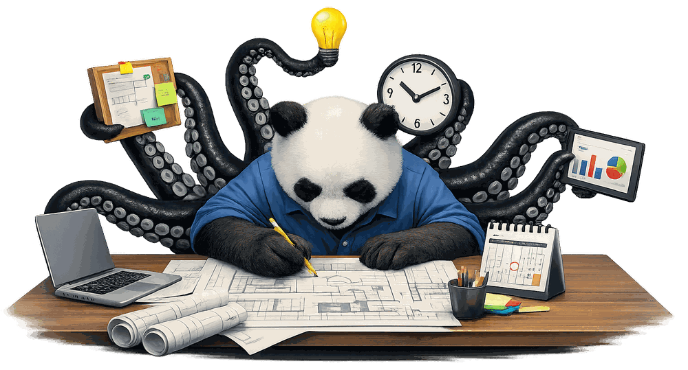 A panda octopus busy at a desk, building and planning
